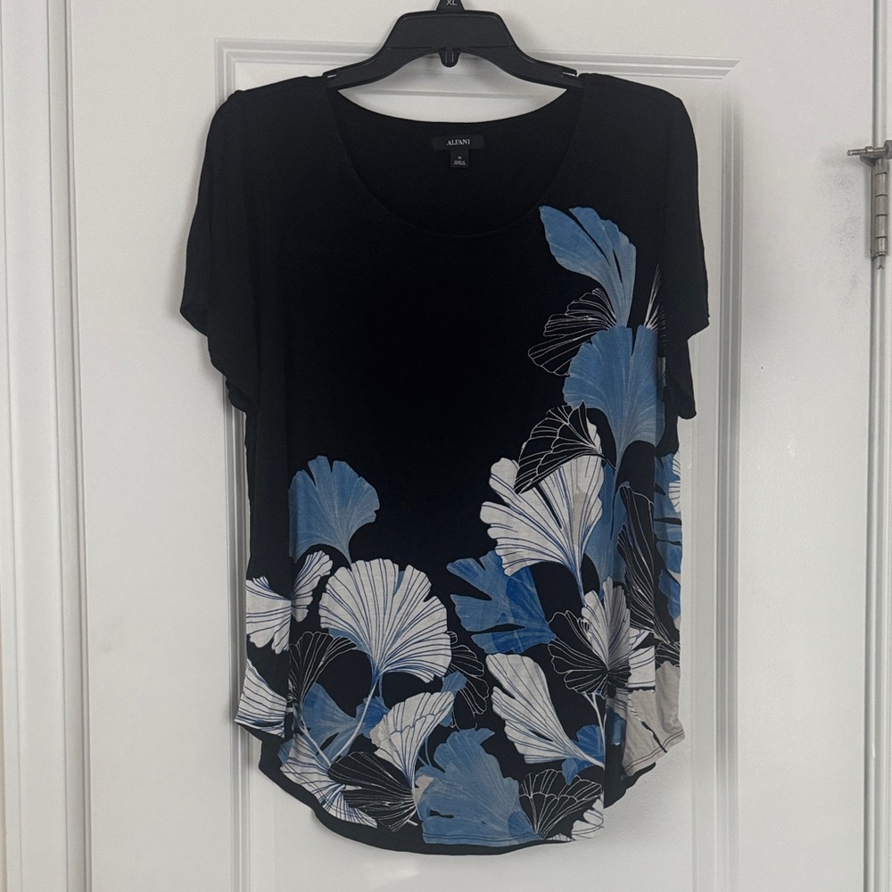 Alfani Black and Blue Leaf Print Blouse